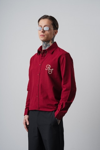 Respire Erkek Res Nakışlı Uzun Kollu Keten Oversize Gömlek Bordo