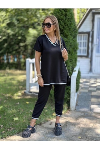 Kadın Kısa Kollu V Yakalı Iki Iplik Bluz Ve Pantolon Ikili Takım Siyah