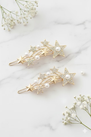 Yıldız Şekilli İnci Detaylı Metal Toka, Metal Klipsli Yıldız İnci Toka 2 Adet Altın