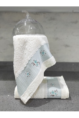 %100 Pamuk & Nakışlı Havlu Takımı - 2'li Dantelli Havlu Seti - 40x60 Cm Mint Yeşili Mint