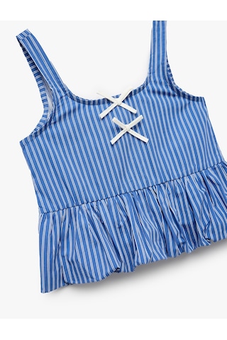 Koton Pamuklu Kare Yaka Askılı Gipeli Fiyonklu Poplin Bluz Mavi Çizgili 5skg60192aw Mavi Çizgili