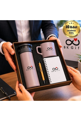 Logonuza Özel 10 Adet Ahşap Kutulu Sütlü Kahverengi Kurumsal Hediye Seti Cam Suluk, Seramik Fincan, Defter Ve Kalemli Promosyon Seti