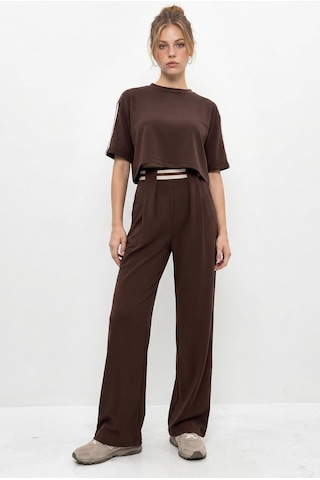 Shade Kadın Çizgi Detaylı Crop Bluzlu Yüksek Bel Modal Takım 4136 60286285 - Acı Kahve Çok Renkli