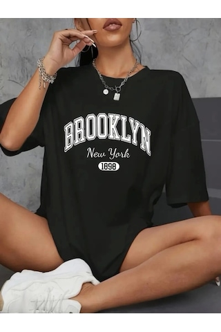 De'charme Baskılı Oversize Bisiklet Yaka T-shirt - Siyah
