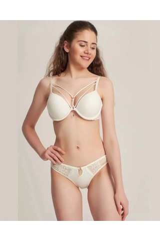 Silikonlu Taşlı Simli Sütyen Takım Ekru