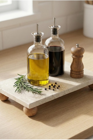 Ayaklı Doğal Mermer Sunum Tablası & Dekoratif Yağdanlık Altlığı 12x24x4 Cm Beyaz