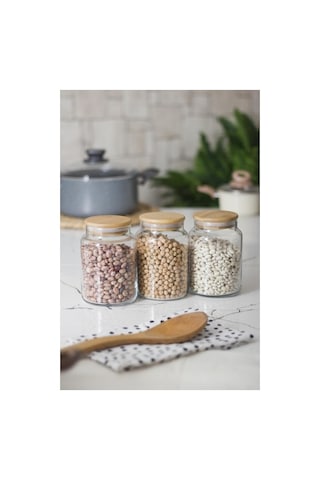 3 Lü Set Bambu Kapaklı Cam Kavanoz & Erzak Saklama Kabı 800 Ml Orta Boy Vakum Kapak Düz Renkli