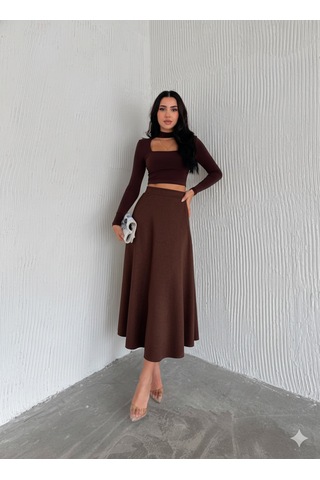 Ozy Fashion Kadın Süet Kloş Etek Koyu Kahverengi