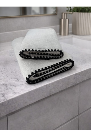 Siyah İstiridye Dikişli %100 Pamuk Yumuşak Dokulu Yüksek Su Emici 2'li Banyo Havlu Seti 50x90-70x130 Krem