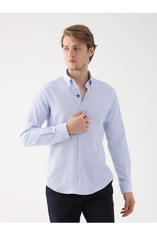 Dufy Açık Mavi Erkek Slim Fit Düğmeli Yaka Uzun Kol Gömlek - 95018 Açık Mavi