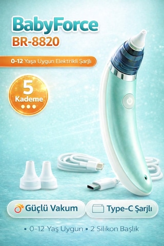 Babyforce BR-8820 0-12 Yaş Şarjlı Bebek Burun Aspiratörü 5 Kademe Güçlü Vakum Açık Yeşil