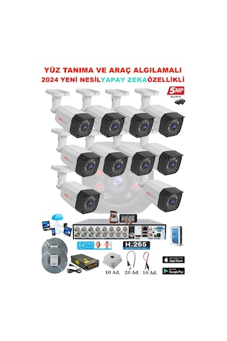 10 Kameralı Yapay Zeka Özellikli Yüz Tanıma ve Araç Algılamalı 5 Mp Kuruluma Hazır Kamera Seti