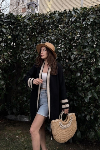 Kadın Siyah Müslin Kumaş, Hasır Şerit Detaylı Salaş Kimono Ceket Siyah