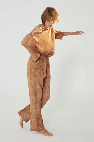 Kahverengi Yüksek Kalite Pamuk Truvakar Kollu Üst-yüksek Belli Pantolon Takım Kahverengi