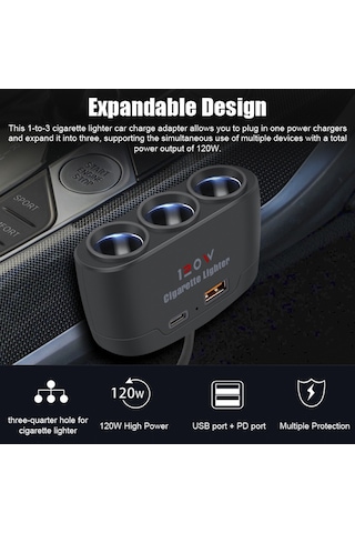 3'ü 1 Arada Araba Çakmak Fişi Ayırıcı 120w Usb+pd Hızlı Şarj Adaptörü 3 Soketli Güç Ayırıcı 12-24v Araba Kamyon Suv İçin