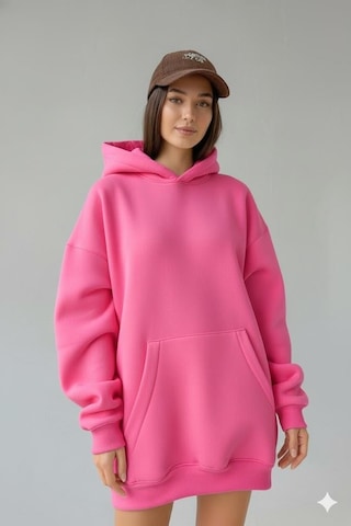 Afri Kadın Oversize Pembe Sweatshirt 3 İplik Şardonlu Kapüşonlu Cepli Rahat Kalıp Pembe