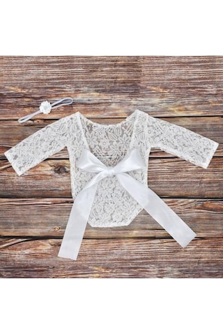 Bej Yenidoğan Bebek Kız Ilmek Yumuşak Dantel Romper Çiçek Kafa Bandı Fotoğraf Sahne Bej