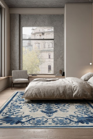 Azule 701 Mavi Beyaz Halı Etnik Desenli Halı Yıkanabilir İnce Dokuma Salon Ev Oturma Odası Halısı Mavi Beyaz 2
