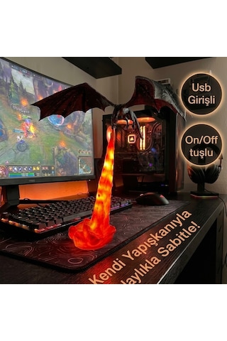 Ejderha Alev Püskürten Masa Lambası Dekoratif Gaming Oda Lambası Siyah -turuncu