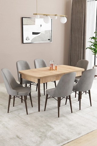 Sar Pakete Almira Serisi, Meşe Desen 80x132 Açılabilir Mdf Mutfak Masası Takımı 6 Adet Sandalye Gri