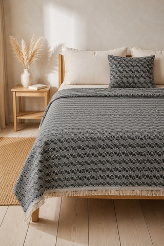 Dokuma Pike Çiftkişilik 200x220 Çok Amaçlı Bohem Yatak Örtüsü Zikzak Antrasit