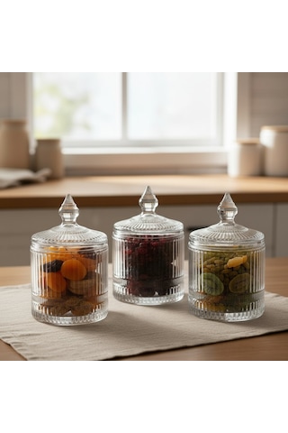 3'lü Line Çizgi Desen Kapaklı Cam Kavanoz Takımı 3 X 325 Ml. ŞEffaf