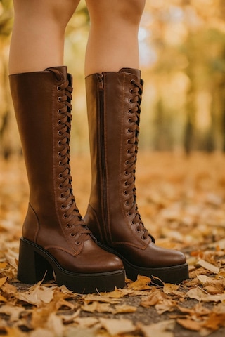 Kadın Bağcıklı Platform Topuklu Uzun Çizme Kahverengi