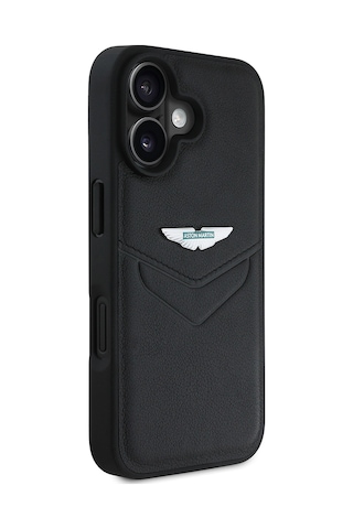 Apple Uyumlu iPhone 16 Kılıf Aston Martin Lisanslı Victory Dizayn Pu Deri Metal Logolu Kapak Siyah
