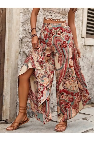 Modaserdem Kadın Yüksek Bel Beli Lastikli Desenli Geniş Paçalı Süprem Pantolon Çok Renkli