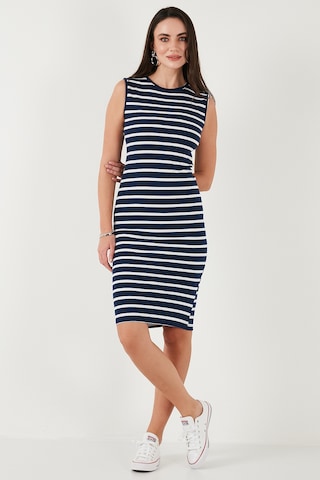 Lela Pamuklu Slim Fit Bisiklet Yaka Çizgili Bayan Elbise 5866168 Indigo-Beyaz