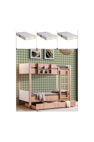 Ranza, Asya Ayrılabilir Yavrulu Ranza, Ceviz - Beyaz + 3 Adet Comfort Yatak 90 X 190 CM