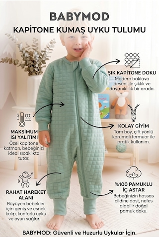 Babymod Mevsimlik Kapitone 1.5 Tog Çocuk Uyku Tulumu Uyku Gurusu %100 Pamuk Kumaş Yeşil