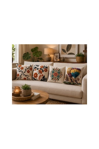4'lü Dekoratif Kırlent Kılıfı Seti - Sıcak Hava Balonu, Çiçek Ve Mandala Desenli 43x43 Cm, Dijital Baskı, Gizli Fermuar Çok Renkli Çok Renkli