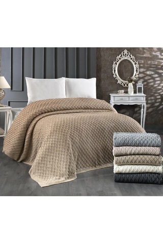 Akrilik Örgü Battaniye Çift Kişilik 220 X 240 Cm Yatak Örtüsü Pike Poly Cappuccino