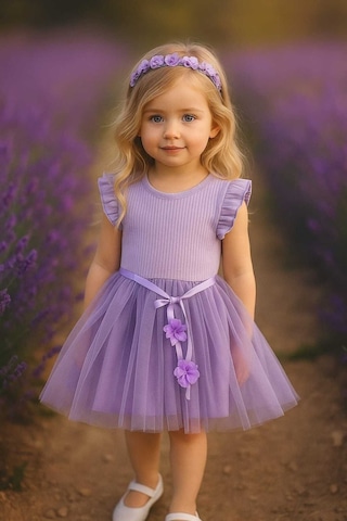 Kız Çocuk Özel Gün Doğum Günü Günlük Yılbaşı Hediye Abiye Pamuklu Tül Prenses Lila Elbise Mor