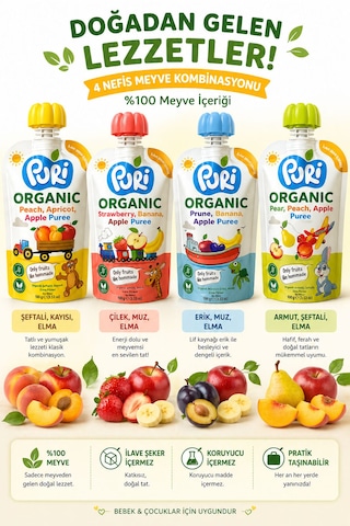 Organic %100 Organik Meyve Püresi Şeftali - Kayısı - Elma 100 G İlave Şekersiz