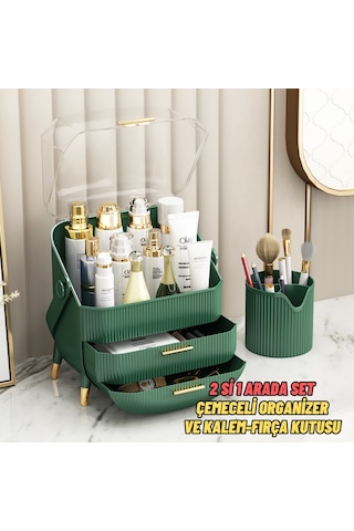 Çekmeceli Makyaj Kutusu Ve Düzenleyici Kozmetik Eşya Masa Üstü Organizer Yeşil