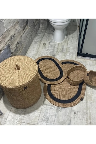 Jüt Hasır 5li Banyo Seti - Siyah Çizgili Siyah