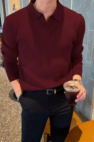 Cool Tarz Erkek Polo Yaka Triko Kazak Slim Fit Fitilli Bordo