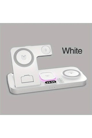 Topshop1 Beyaz 30w Alarmli Kablosuz Sarj Cihazi 6si 1 Arada Rgb Karanlikta Parlayan Hizli Sarj Istasyonu İphone Uyumlu İwatch İcin