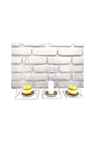 Gold / Gümüş Kaplama Dekoratif Modern Piramit Dizayn 3lü Mumluk Gold