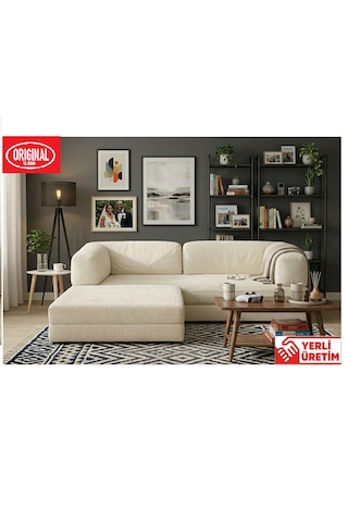 Herev 180x180 Cm 50 Dns Modüler Köşe Koltuk Fitilli Kadife Kumaş, Yatak Olabilen, Modern Tasarım Şark Köşe Krem