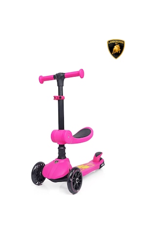 Lamborghini Lisanslı L5 2in1 Katlanabilir Oturaklı Işıklı 3 Tekerlekli Çocuk Scooter Pembe
