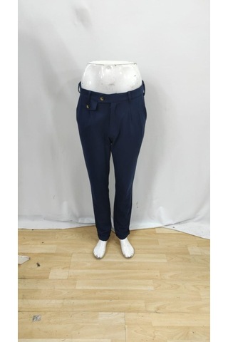 Erkek Belden Düğmeli Cepli Dokuma Pantolon Lacivert