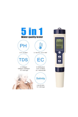 5'i 1 Arada Profesyonel Çok Parametreli Kombo Test Cihazı Ph/ec/tds/tuzluluk/termometre Dijital Çok Fonksiyonlu Test Cihazı Su Kalitesi Test Cihazı