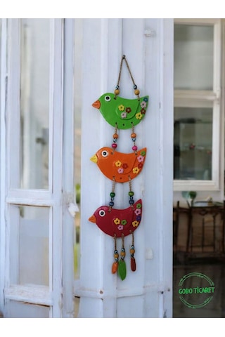 3'lü El Boyaması Dekoratif Kuş Duvar Ve Balkon Süs Boncuk Kırmızı