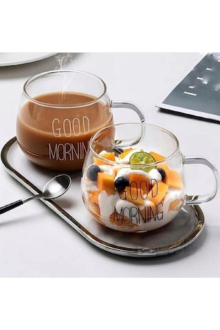 1 Li Good Morning Günaydın 400 Ml Borosilikat Cam Kupa Şeffaf