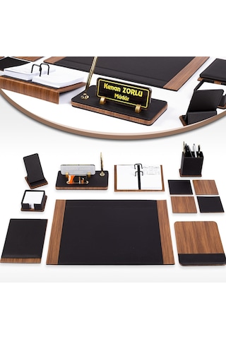 Atlantik Deri Sümen Takımı Masa İsimliği Ahşap Desen İsimlik Seti