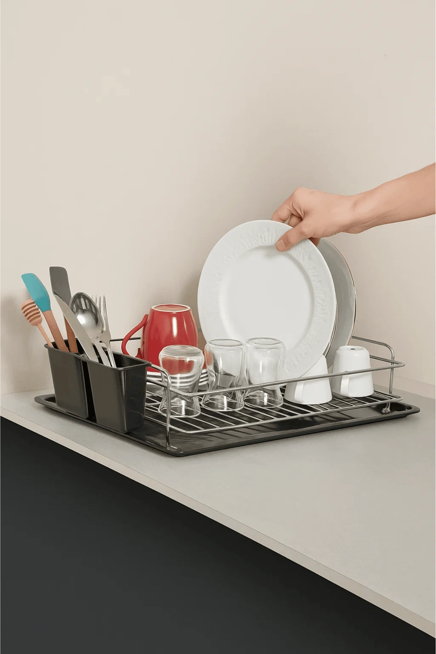 Metal Tezgah Üstü Bulaşık Sepeti Tabak Bardak Rafı Plastik Altlıklı Organizer - Krom Krom