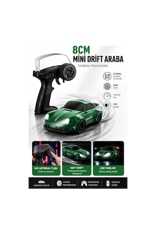 8cm 1:64 Ölçek Uzaktan Kumandalı Drift Araba Led Işıklı Şarjlı Oyuncak Yeşil